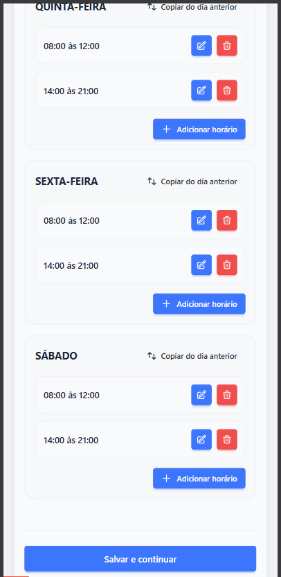 Horários da semana e botão “Salvar e continuar”
